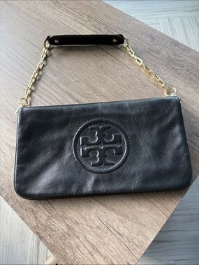 Tory Burch inspired Black Leather Logo Chain Wristlet